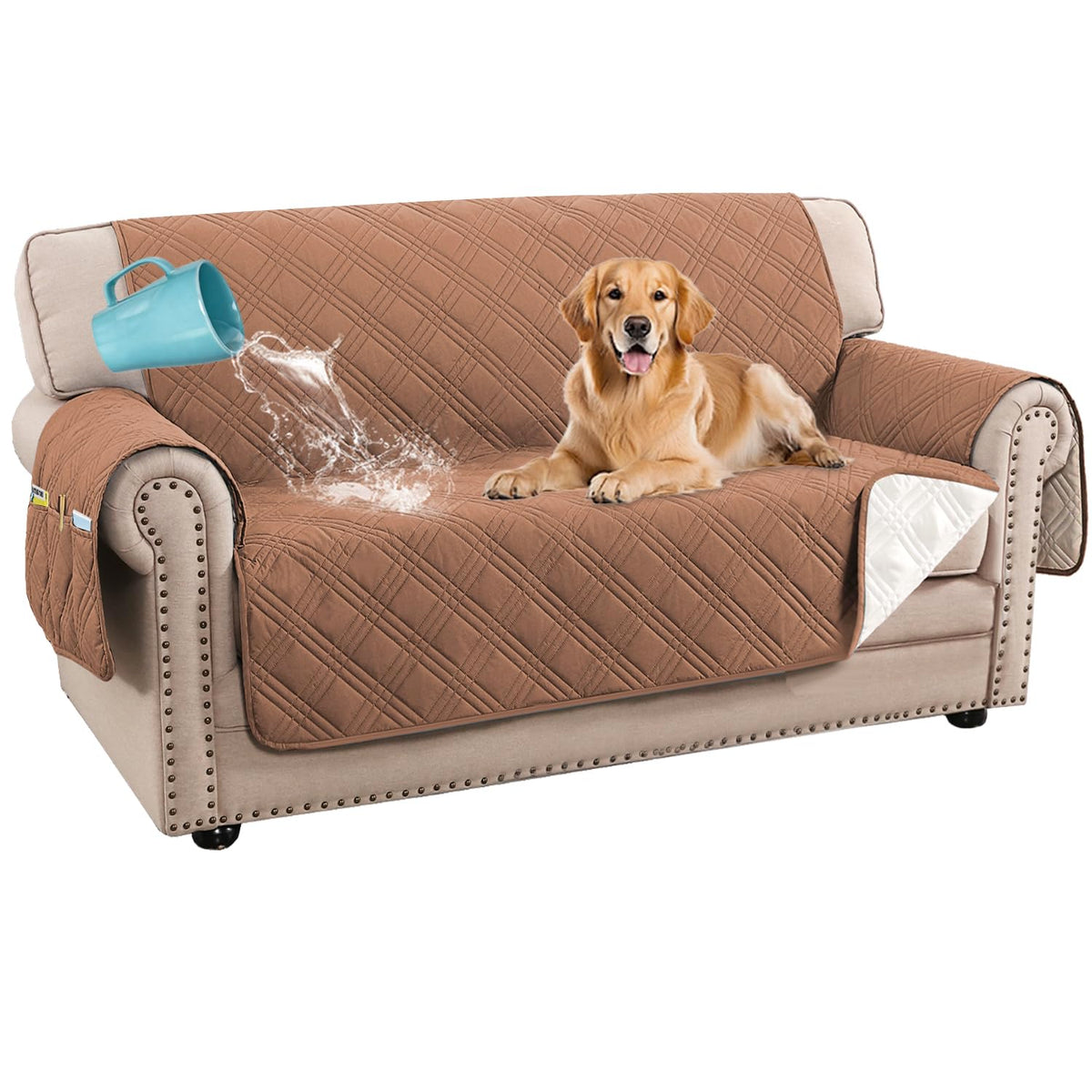 H.VERSAILTEX 100% Waterproof Couch Covers for 3 Cushion Couch Sofa Modern Sofa Slipcovers with Elastic Straps Thick Soft Furniture Protector Pet Friendly(Sofa, Grey/Beige)