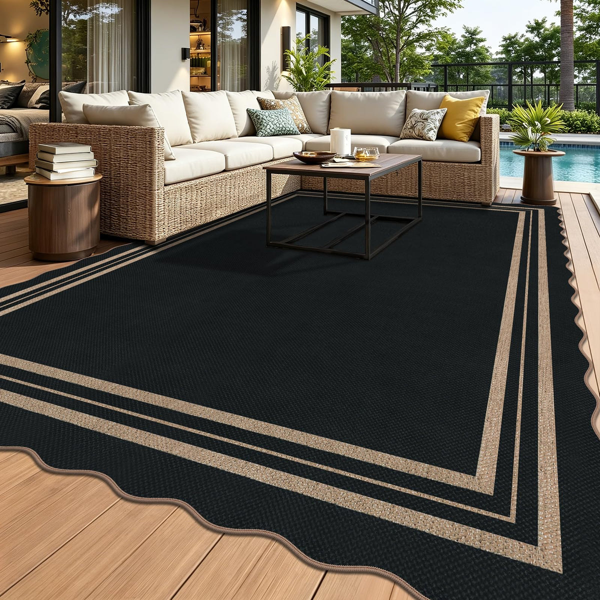 Easy Jute Black Entryway Rug, 2x3 Front Door Mat Washable Non Slip Small Kitchen Rug, Indoor Outdoor Farmhouse Scalloped Doormat for Porch Bathroom Doorway