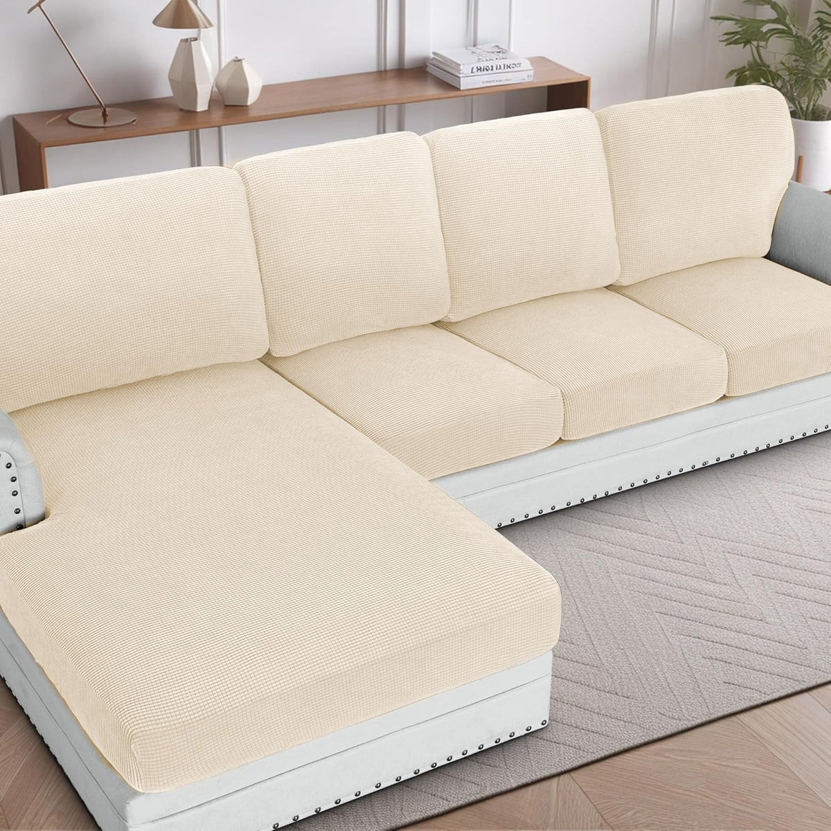 H.VERSAILTEX Sectional Couch Covers 8 Pieces Stretch Sofa Covers for Sectional Sofa Set Separate L Shaped Couch Cover for Both Left/Right Couch (Seat and Back: 1 Chaise + 3 Sofa, Ivory)