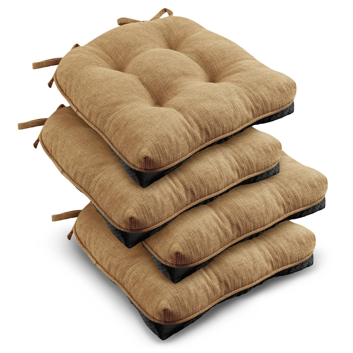 downluxe Indoor Chair Cushions for Dining Chairs, Tufted Overstuffed Textured Foam Kitchen Chair Pads with Ties and Non-Slip Backing, 15.5" x 15.5" x 4", Brown, 4 Pack