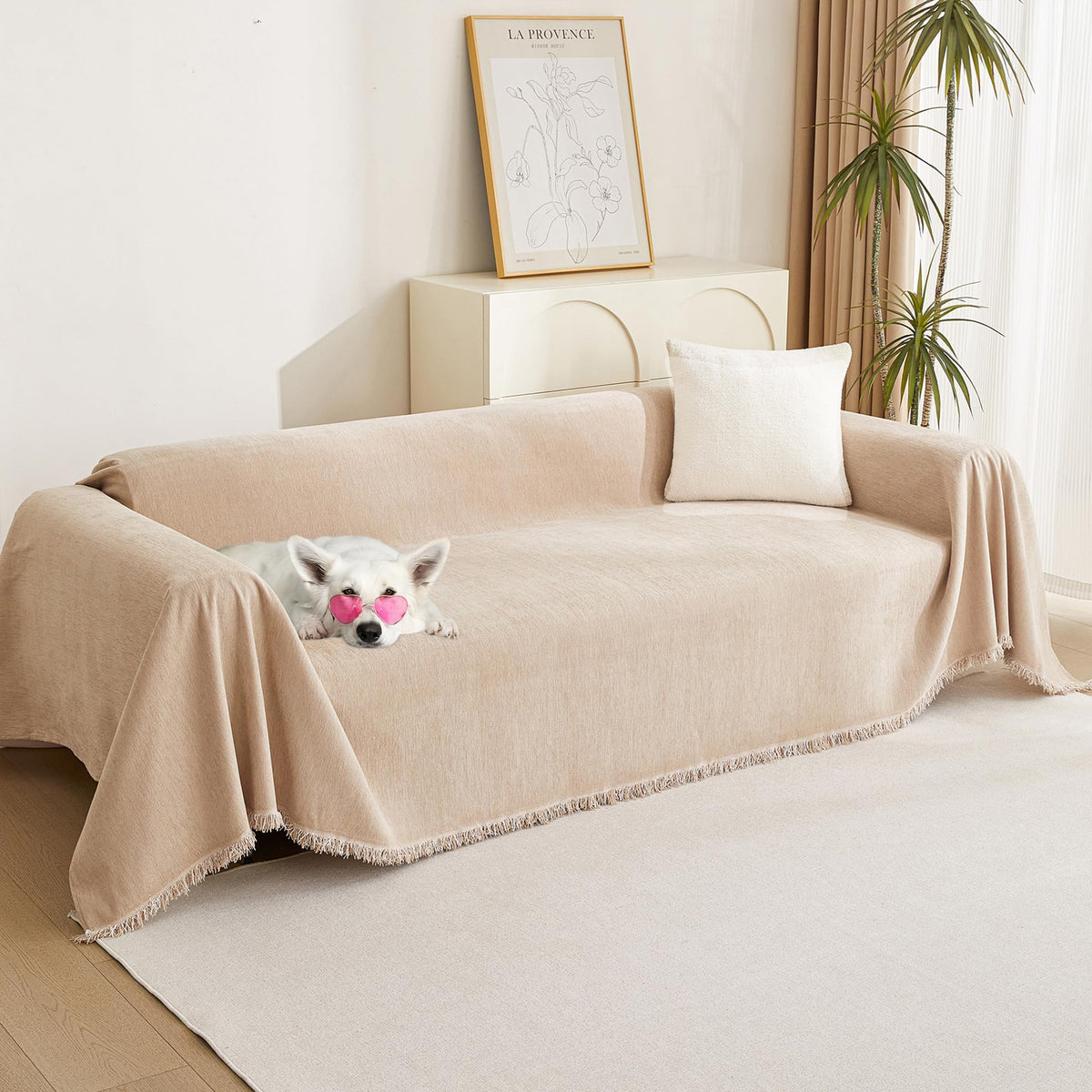 MYSKY HOME Boho Couch Cover Beige Sofa Covers with White Tassel Farmhouse Sofa Slipcover Simple Couch Protector for Dogs Chenille Sectional Couch Covers L Shaped Couch Cushion Covers, 91"x 134"