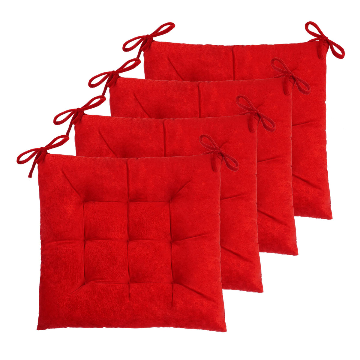 ELFJOY Set of 4 Square Chair Pads Indoor Seat Cushions Pillows with Ties Thick Soft Seat Cushion for Kitchen Dining Office Chair (18", Red)