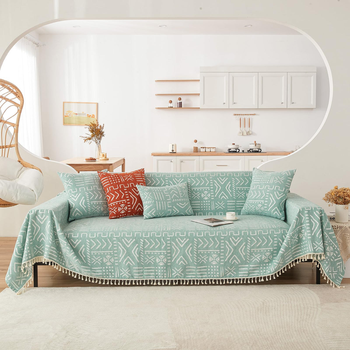 HANDONTIME Green Sofa Cover Vintage Couch Cover for Dogs 71" X118" Couch Cushion Covers with Tassel Herringbone Sofa Cover Boho Sofa Covers for 3 Cushion Couch Chenille Soft Loveseat Sofa Covers