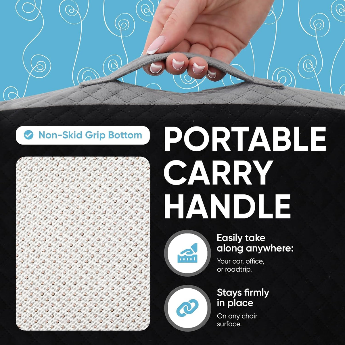 Large Seat Cushion (19” x 17” x 3”) Memory Foam for Office Chair, Wheelchair Cushions, Floor Pillow | Cushion Back Pain Coccyx Pain Relief | Plush Velvet Cover with Carry Handle