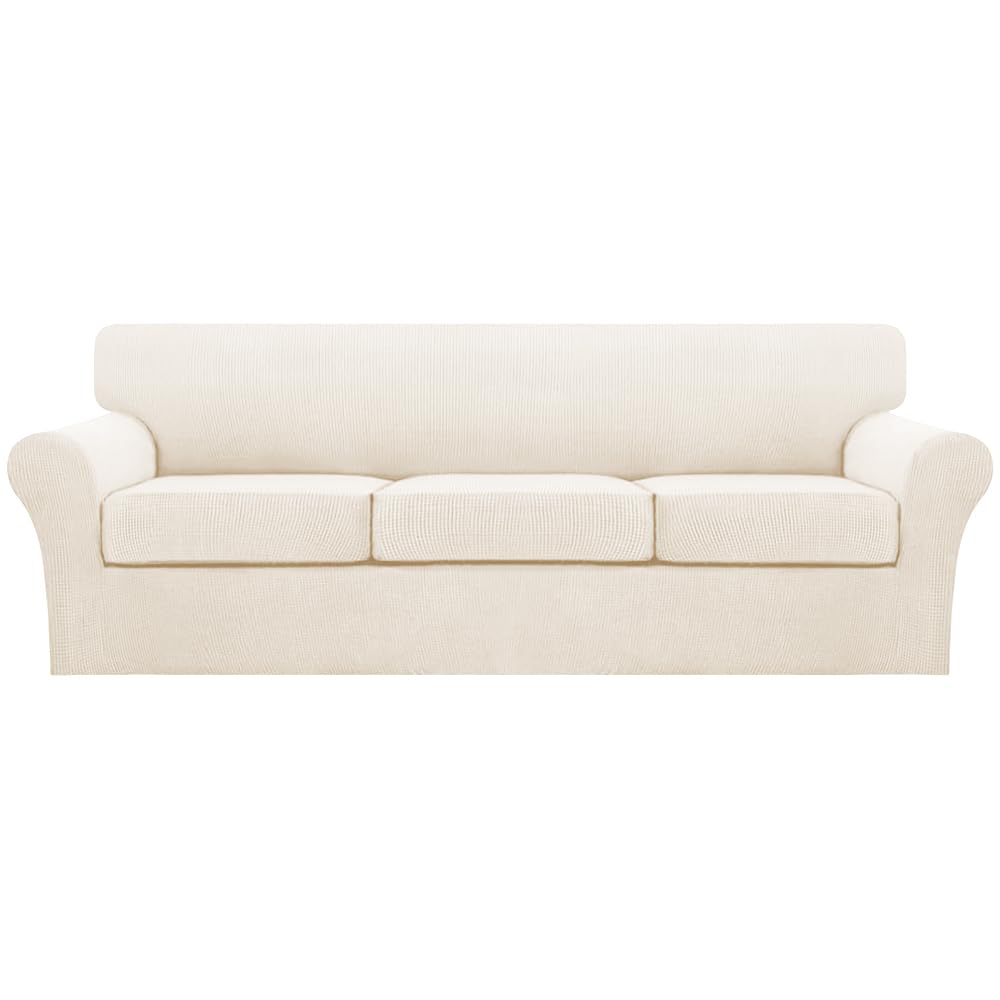 Turquoize 4 Piece Couch Cover Sofa Covers for 3 Cushion Couch Sofa Slipcovers Washable Sofa Cover for Dogs with Individual Couch Cushion Covers Feature Jacquard Fabric(3 Cushion Sofa, Biscotti Beige)
