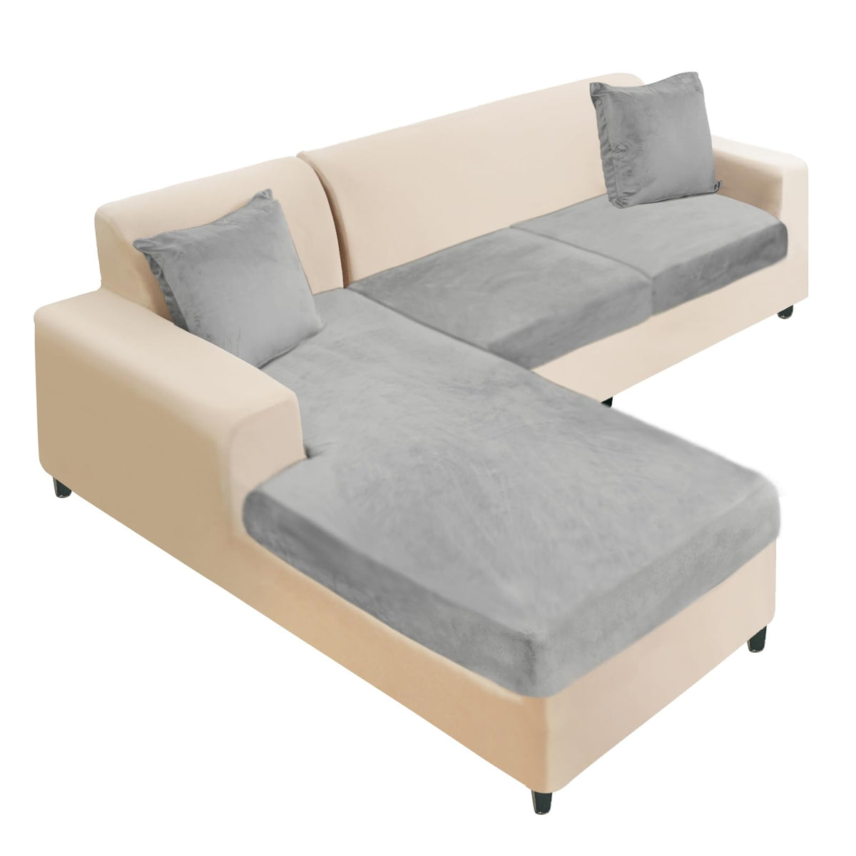 NAISI Sectional Couch Cover 4 Pieces Velvet Separate Couch Cushion Covers L Shape Soft Stretch Sofa Slipcovers with 2pcs Pillowcases for Left/Right Chaise Sectional Couch(3 Seater+1 Chaise,Dark Grey)