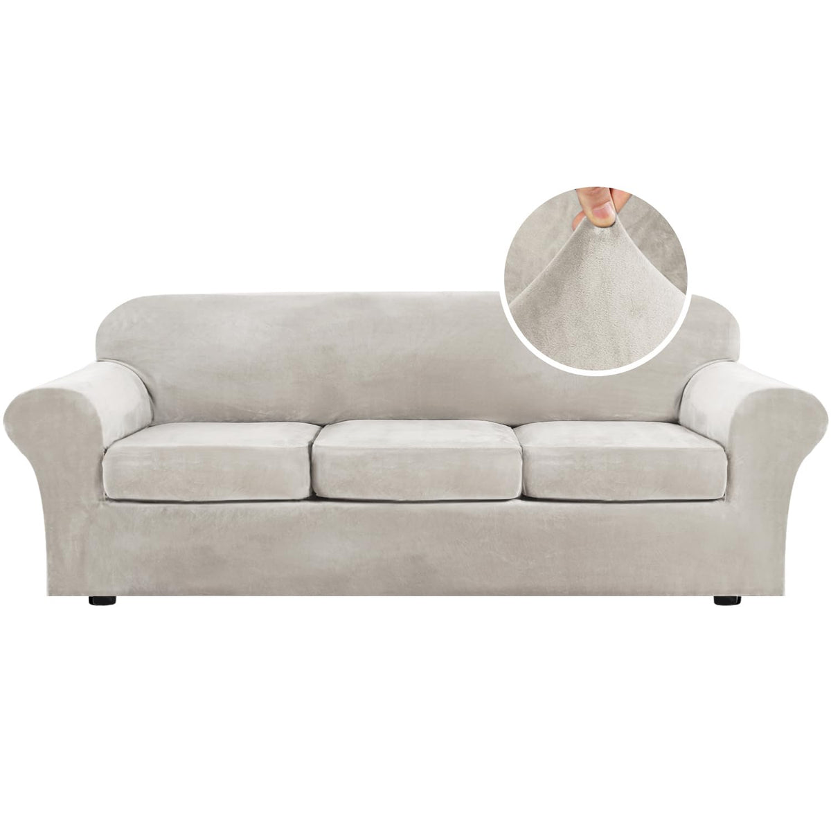 H.VERSAILTEX Modern Velvet Plush 4 Piece High Stretch Sofa Slipcover Furniture Protector Form Fit Luxury Thick Sofa Cover for 3 Cushion Couch, Machine Washable Width Up to 90 Inch(Sofa,Ivory)