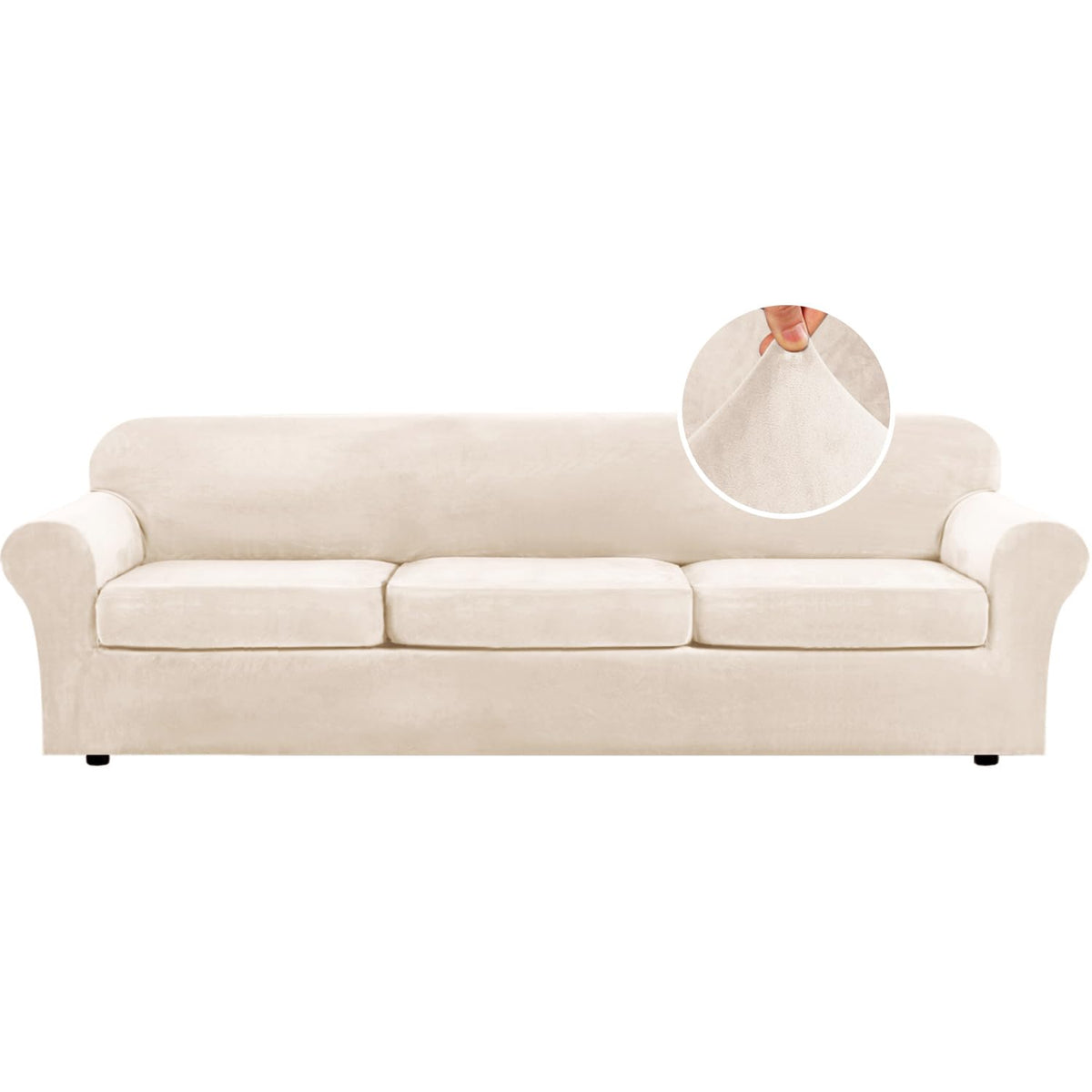 H.VERSAILTEX Modern Velvet Plush 4 Piece High Stretch Sofa Slipcover Furniture Protector Form Fit Luxury Thick Sofa Cover for 3 Cushion Couch, Machine Washable Width Up to 90 Inch(Sofa,Ivory)