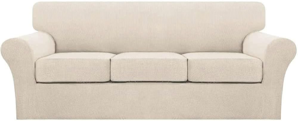Turquoize 4 Piece Couch Cover Sofa Covers for 3 Cushion Couch Sofa Slipcovers Washable Sofa Cover for Dogs with Individual Couch Cushion Covers Feature Jacquard Fabric(3 Cushion Sofa, Biscotti Beige)