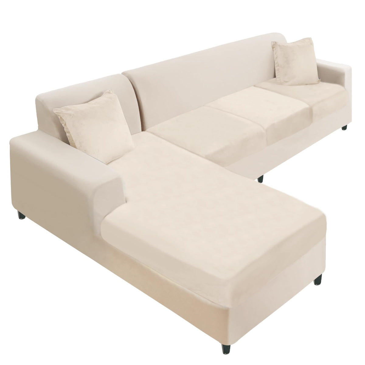 NAISI Sectional Couch Cover 4 Pieces Velvet Separate Couch Cushion Covers L Shape Soft Stretch Sofa Slipcovers with 2pcs Pillowcases for Left/Right Chaise Sectional Couch(3 Seater+1 Chaise,Dark Grey)