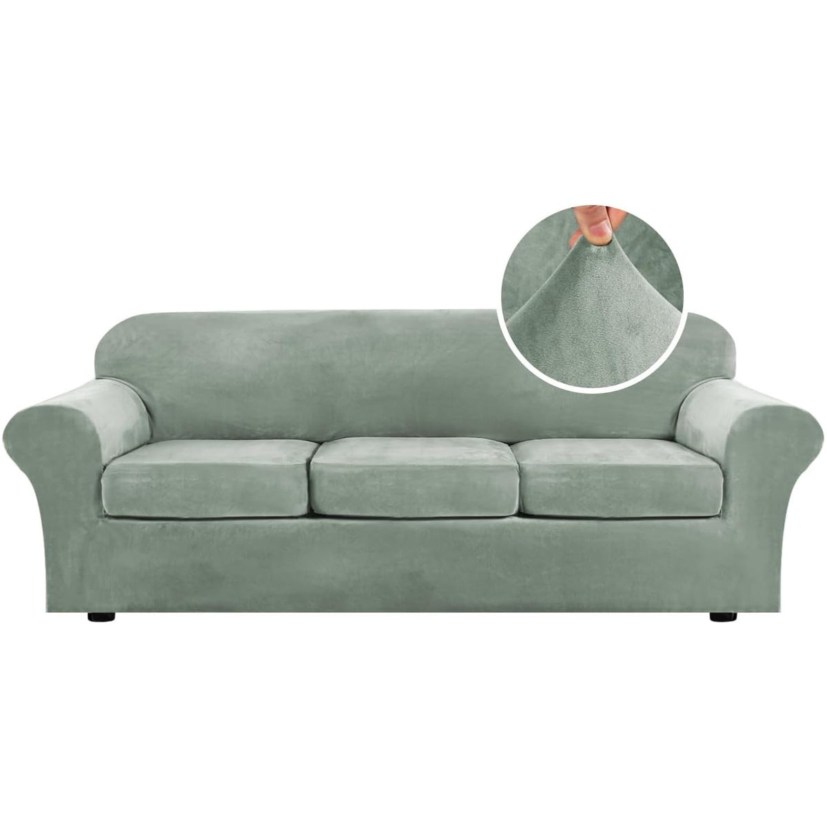 H.VERSAILTEX Modern Velvet Plush 4 Piece High Stretch Sofa Slipcover Furniture Protector Form Fit Luxury Thick Sofa Cover for 3 Cushion Couch, Machine Washable Width Up to 90 Inch(Sofa,Ivory)