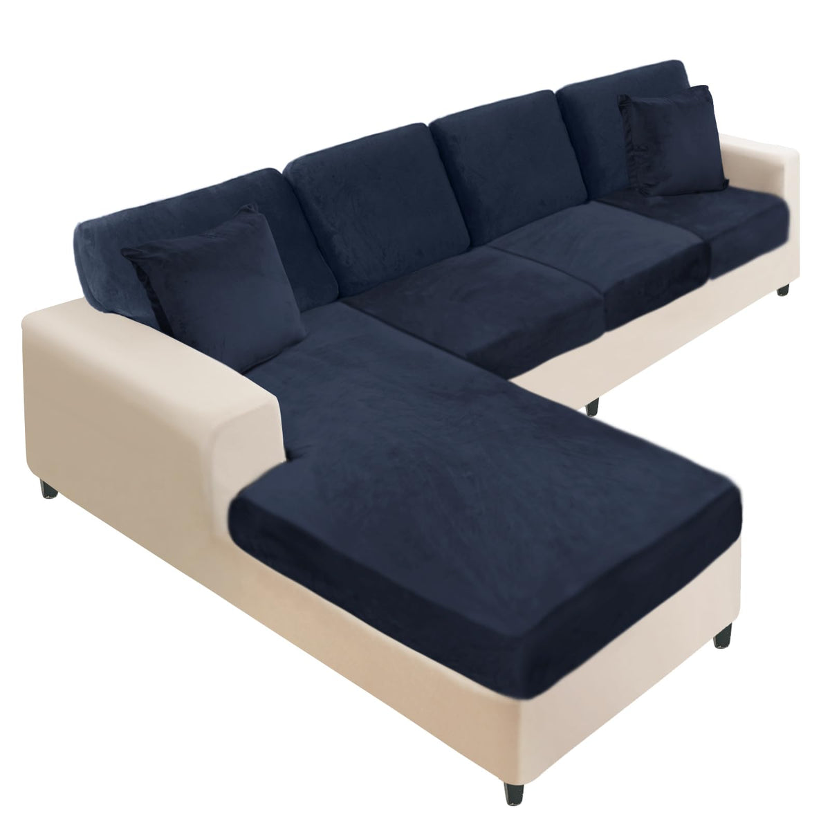 NAISI Sectional Couch Cover 4 Pieces Velvet Separate Couch Cushion Covers L Shape Soft Stretch Sofa Slipcovers with 2pcs Pillowcases for Left/Right Chaise Sectional Couch(3 Seater+1 Chaise,Dark Grey)