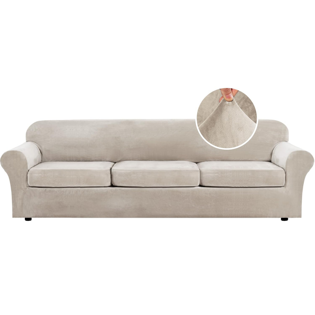 H.VERSAILTEX Modern Velvet Plush 4 Piece High Stretch Sofa Slipcover Furniture Protector Form Fit Luxury Thick Sofa Cover for 3 Cushion Couch, Machine Washable Width Up to 90 Inch(Sofa,Ivory)