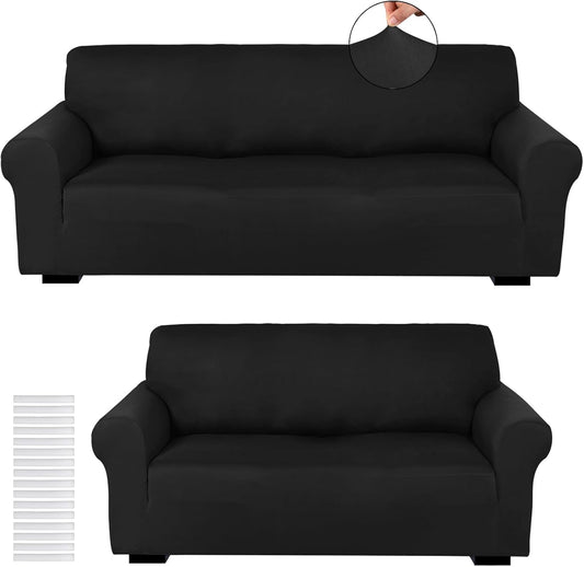 Peryiter 2 Pcs Couch and Loveseat Sofa Covers,Black,Milk Silk