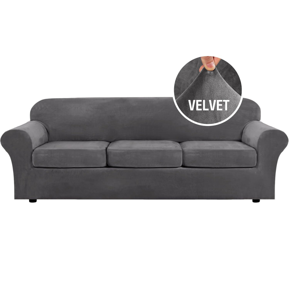 H.VERSAILTEX Modern Velvet Plush 4 Piece High Stretch Sofa Slipcover Furniture Protector Form Fit Luxury Thick Sofa Cover for 3 Cushion Couch, Machine Washable Width Up to 90 Inch(Sofa,Ivory)