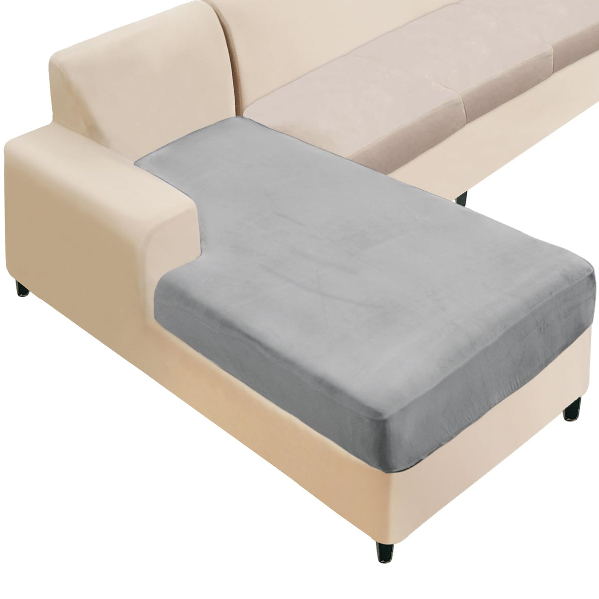 NAISI Sectional Couch Cover 4 Pieces Velvet Separate Couch Cushion Covers L Shape Soft Stretch Sofa Slipcovers with 2pcs Pillowcases for Left/Right Chaise Sectional Couch(3 Seater+1 Chaise,Dark Grey)