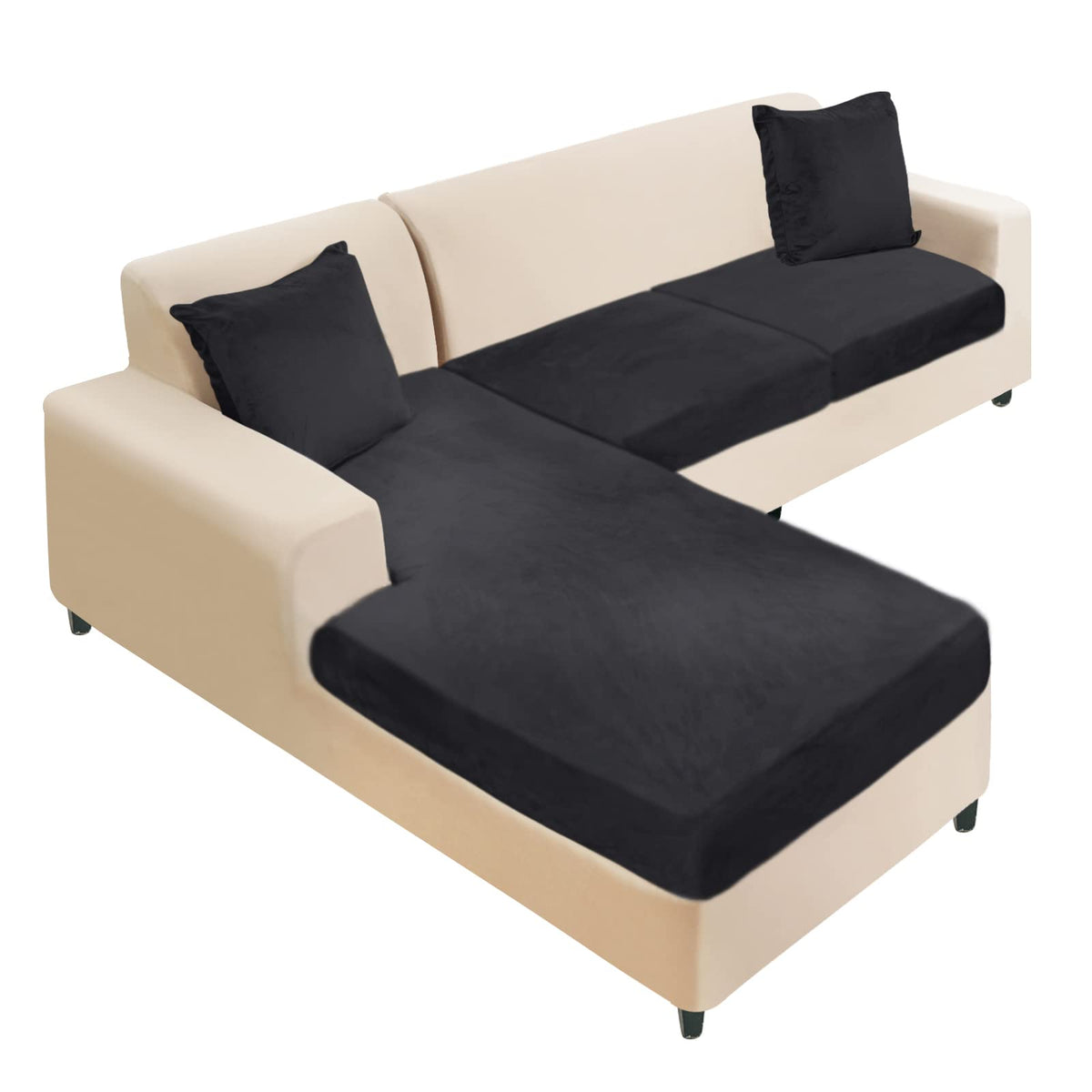 NAISI Sectional Couch Cover 4 Pieces Velvet Separate Couch Cushion Covers L Shape Soft Stretch Sofa Slipcovers with 2pcs Pillowcases for Left/Right Chaise Sectional Couch(3 Seater+1 Chaise,Dark Grey)