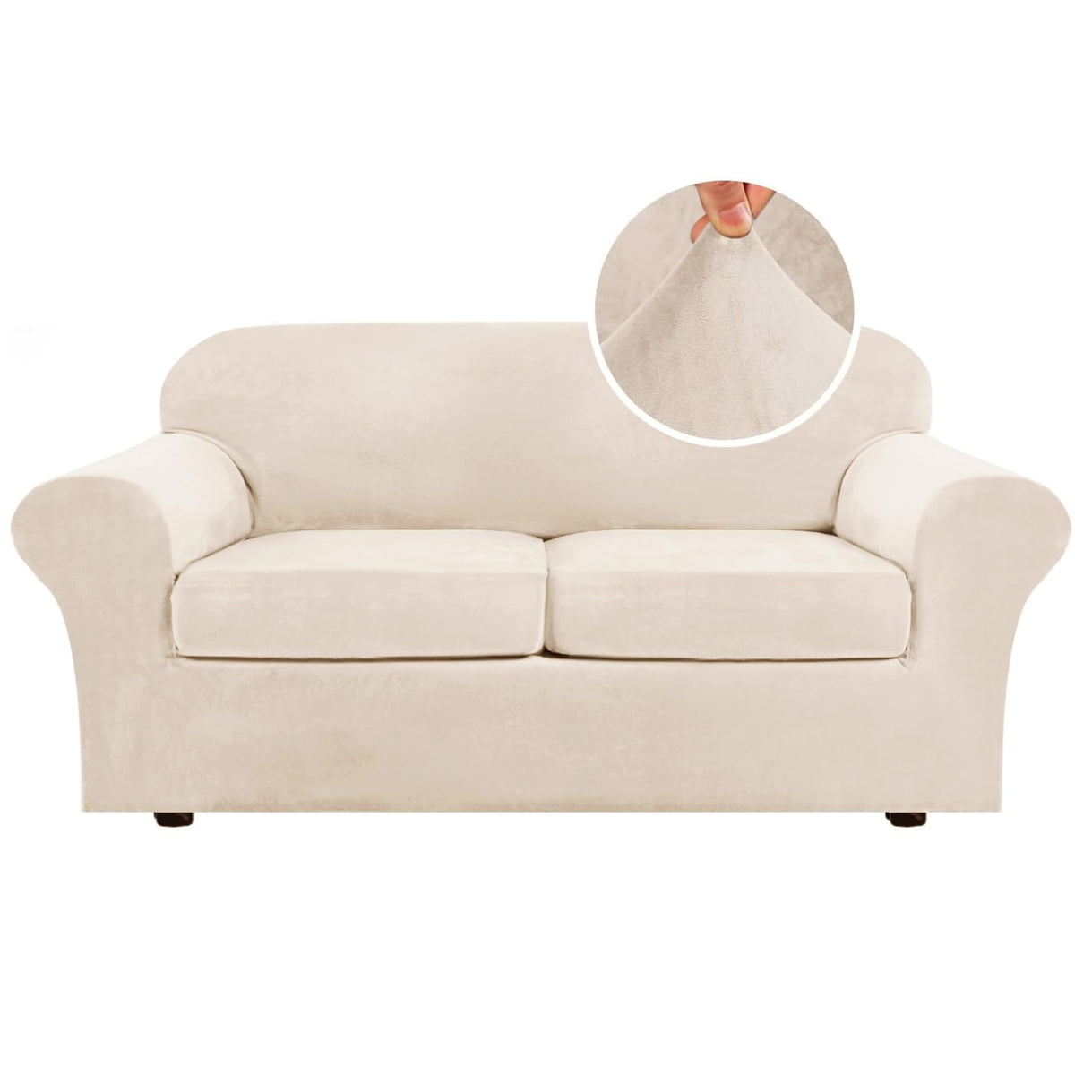H.VERSAILTEX Modern Velvet Plush 4 Piece High Stretch Sofa Slipcover Furniture Protector Form Fit Luxury Thick Sofa Cover for 3 Cushion Couch, Machine Washable Width Up to 90 Inch(Sofa,Ivory)