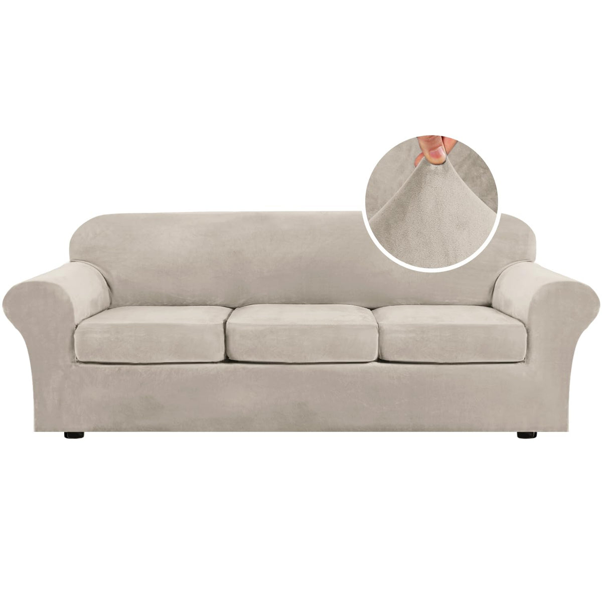 H.VERSAILTEX Modern Velvet Plush 4 Piece High Stretch Sofa Slipcover Furniture Protector Form Fit Luxury Thick Sofa Cover for 3 Cushion Couch, Machine Washable Width Up to 90 Inch(Sofa,Ivory)