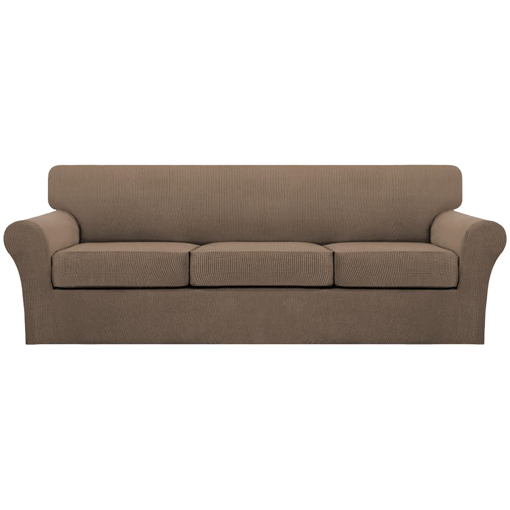 Turquoize 4 Piece Couch Cover Sofa Covers for 3 Cushion Couch Sofa Slipcovers Washable Sofa Cover for Dogs with Individual Couch Cushion Covers Feature Jacquard Fabric(3 Cushion Sofa, Biscotti Beige)