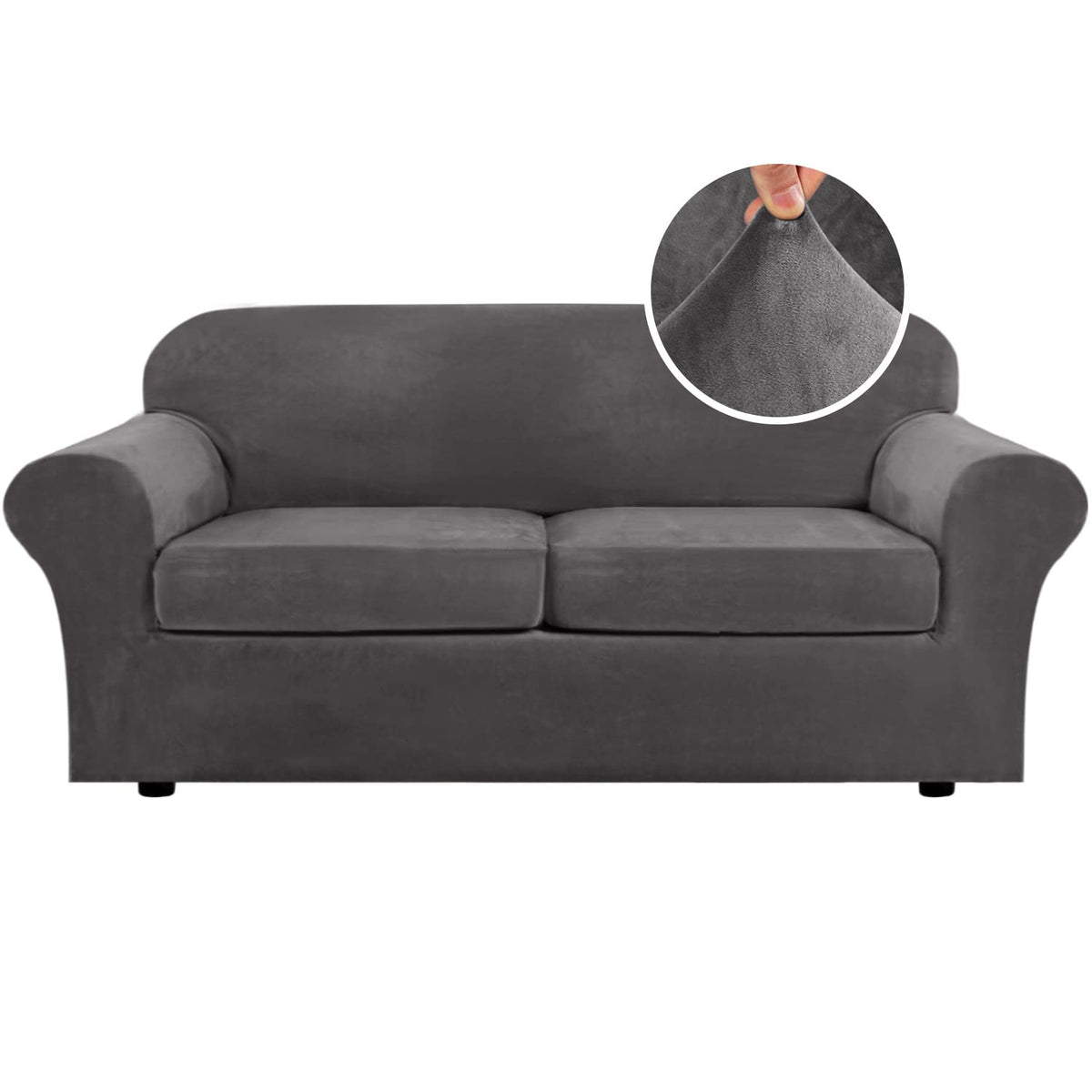 H.VERSAILTEX Modern Velvet Plush 4 Piece High Stretch Sofa Slipcover Furniture Protector Form Fit Luxury Thick Sofa Cover for 3 Cushion Couch, Machine Washable Width Up to 90 Inch(Sofa,Ivory)