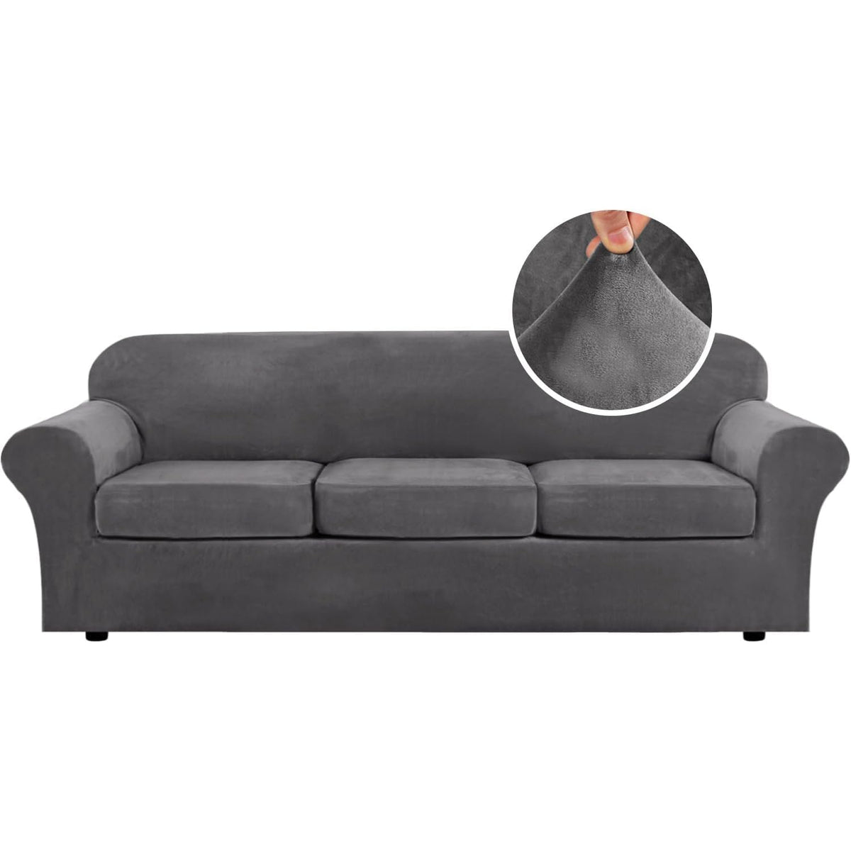 H.VERSAILTEX Modern Velvet Plush 4 Piece High Stretch Sofa Slipcover Furniture Protector Form Fit Luxury Thick Sofa Cover for 3 Cushion Couch, Machine Washable Width Up to 90 Inch(Sofa,Ivory)