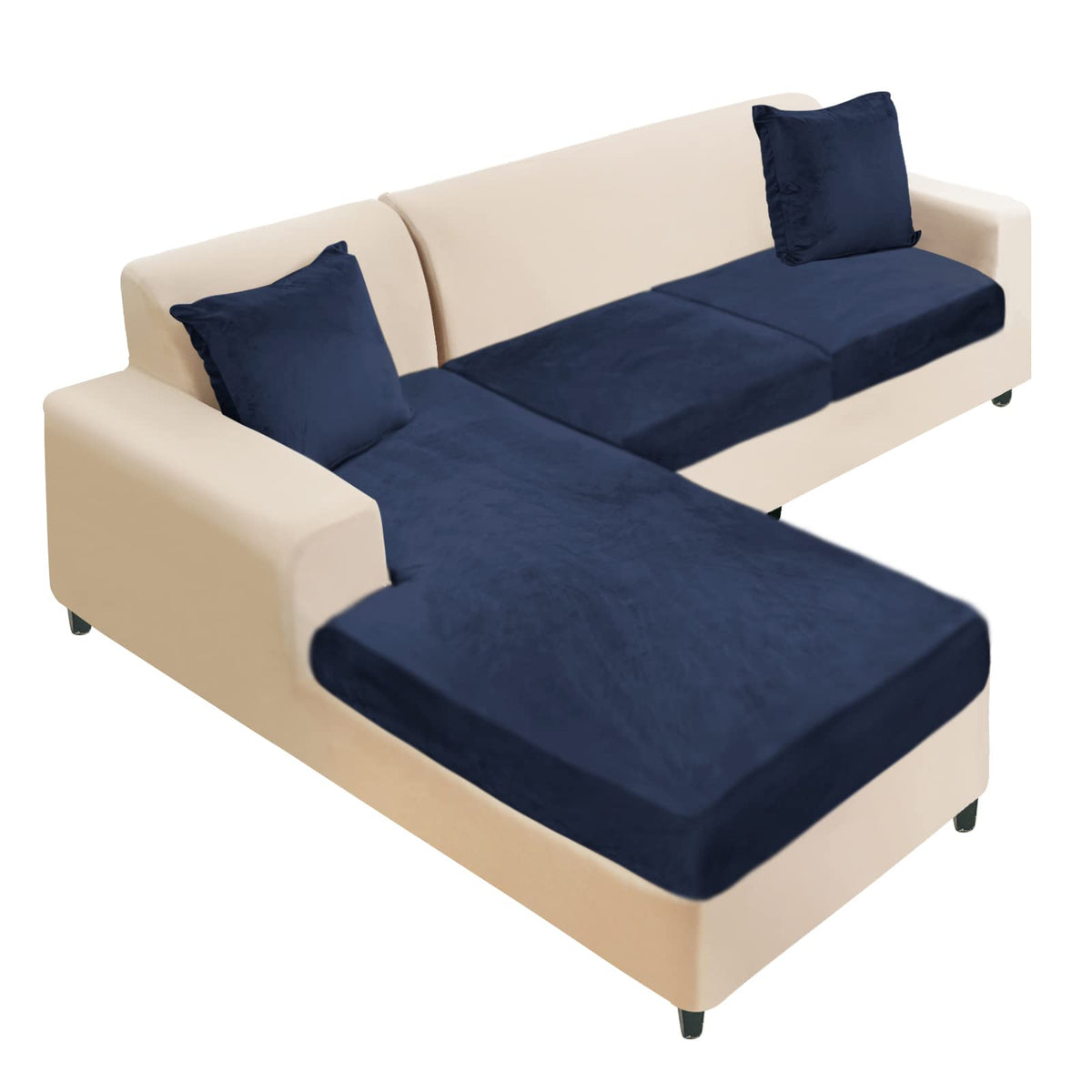 NAISI Sectional Couch Cover 4 Pieces Velvet Separate Couch Cushion Covers L Shape Soft Stretch Sofa Slipcovers with 2pcs Pillowcases for Left/Right Chaise Sectional Couch(3 Seater+1 Chaise,Dark Grey)