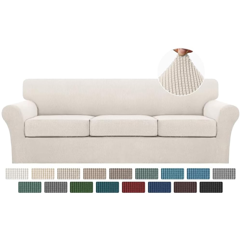 Turquoize 4 Piece Couch Cover Sofa Covers for 3 Cushion Couch Sofa Slipcovers Washable Sofa Cover for Dogs with Individual Couch Cushion Covers Feature Jacquard Fabric(3 Cushion Sofa, Biscotti Beige)