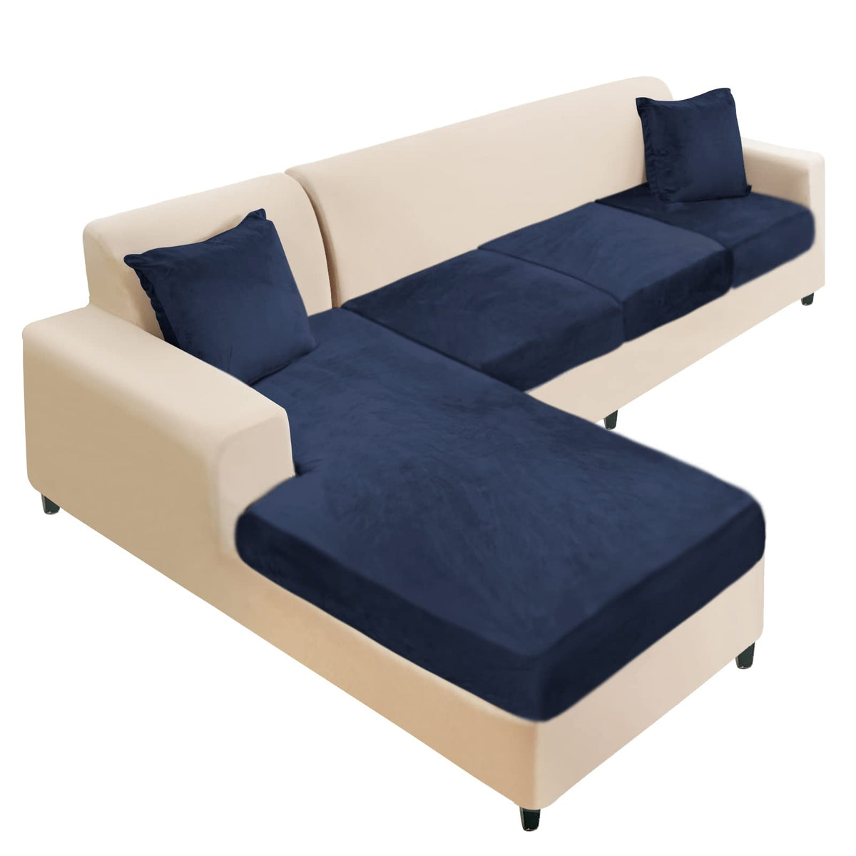 NAISI Sectional Couch Cover 4 Pieces Velvet Separate Couch Cushion Covers L Shape Soft Stretch Sofa Slipcovers with 2pcs Pillowcases for Left/Right Chaise Sectional Couch(3 Seater+1 Chaise,Dark Grey)
