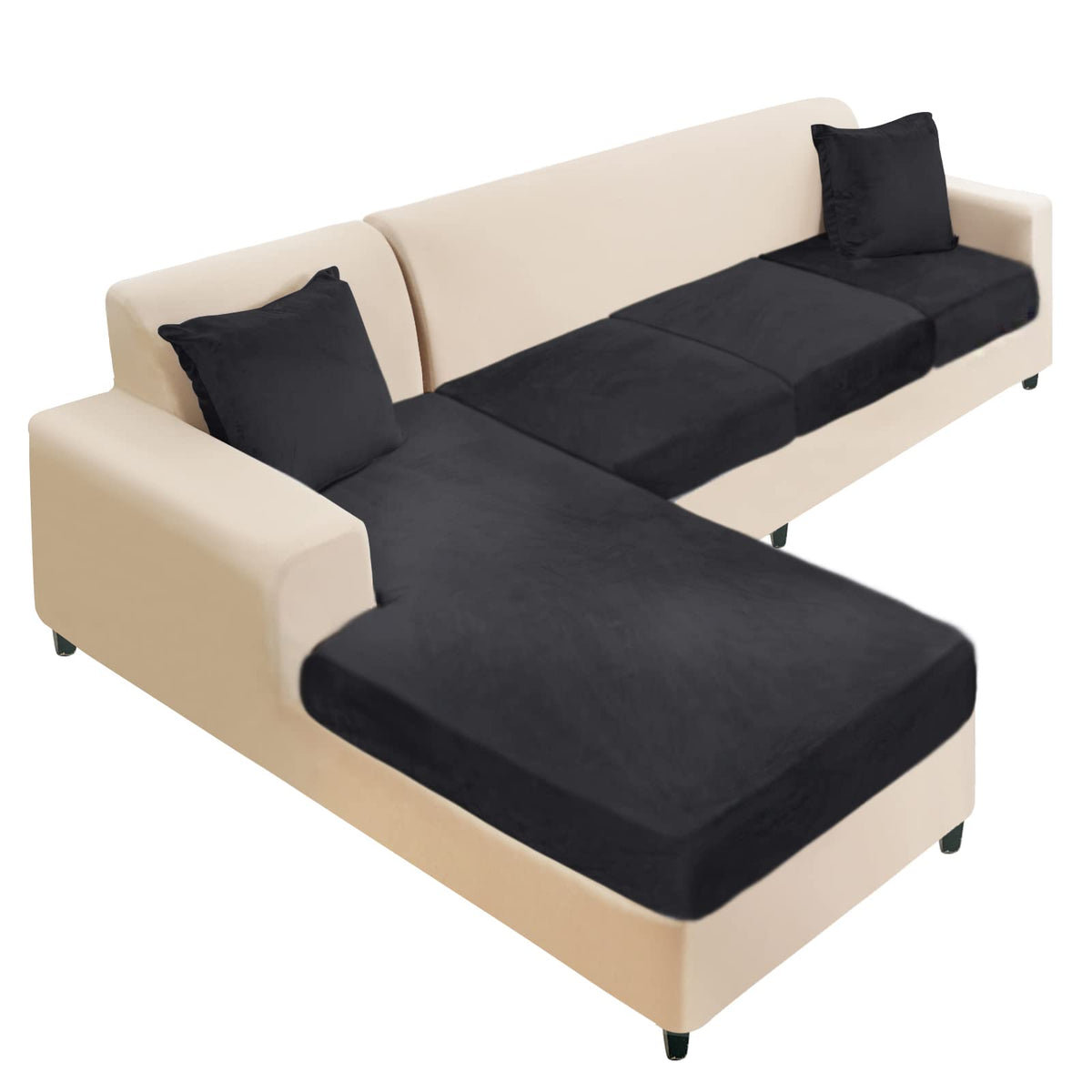 NAISI Sectional Couch Cover 4 Pieces Velvet Separate Couch Cushion Covers L Shape Soft Stretch Sofa Slipcovers with 2pcs Pillowcases for Left/Right Chaise Sectional Couch(3 Seater+1 Chaise,Dark Grey)