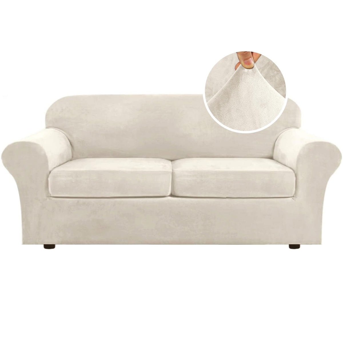 H.VERSAILTEX Modern Velvet Plush 4 Piece High Stretch Sofa Slipcover Furniture Protector Form Fit Luxury Thick Sofa Cover for 3 Cushion Couch, Machine Washable Width Up to 90 Inch(Sofa,Ivory)