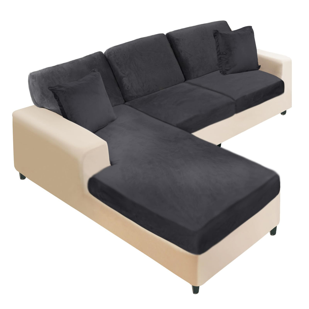 NAISI Sectional Couch Cover 4 Pieces Velvet Separate Couch Cushion Covers L Shape Soft Stretch Sofa Slipcovers with 2pcs Pillowcases for Left/Right Chaise Sectional Couch(3 Seater+1 Chaise,Dark Grey)
