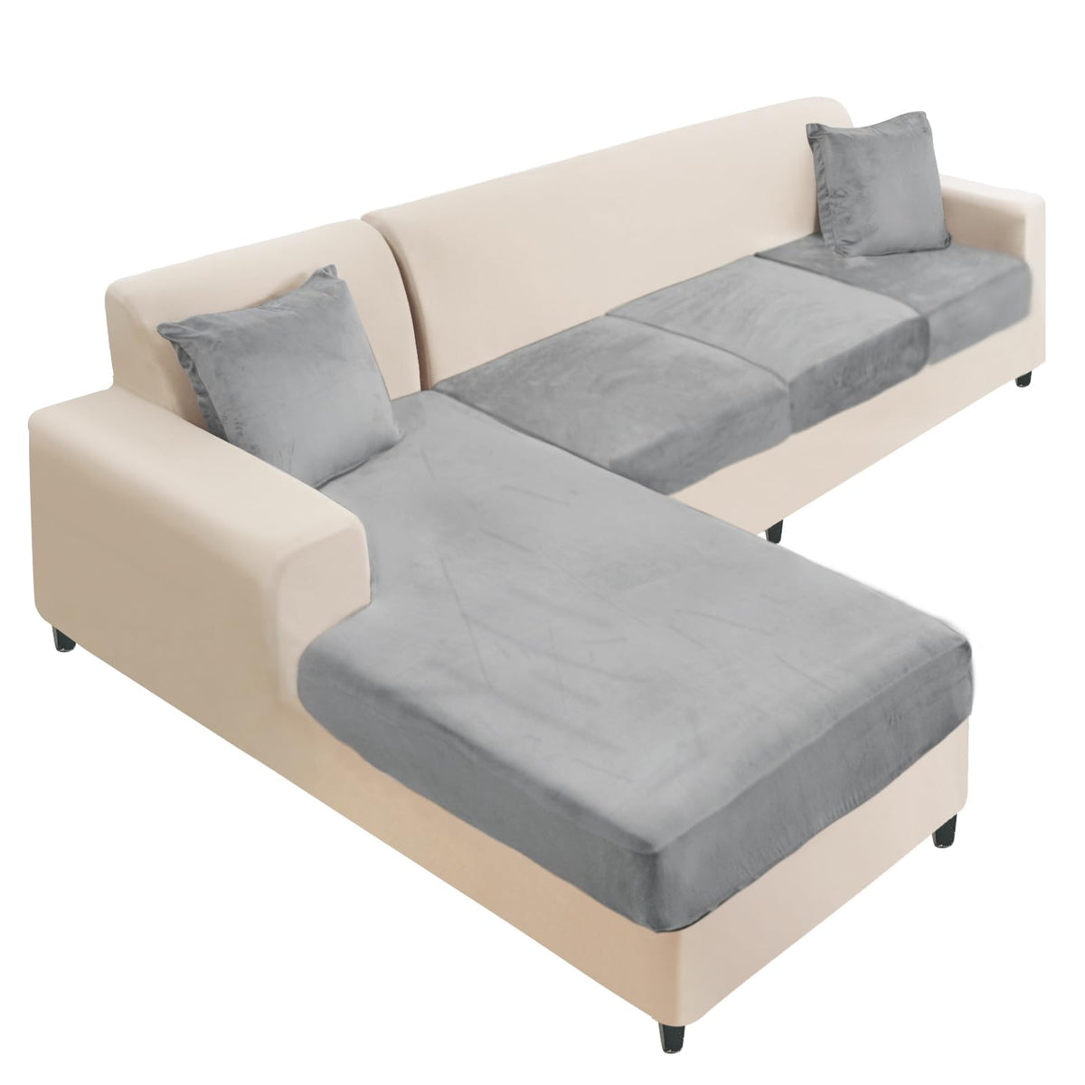 NAISI Sectional Couch Cover 4 Pieces Velvet Separate Couch Cushion Covers L Shape Soft Stretch Sofa Slipcovers with 2pcs Pillowcases for Left/Right Chaise Sectional Couch(3 Seater+1 Chaise,Dark Grey)
