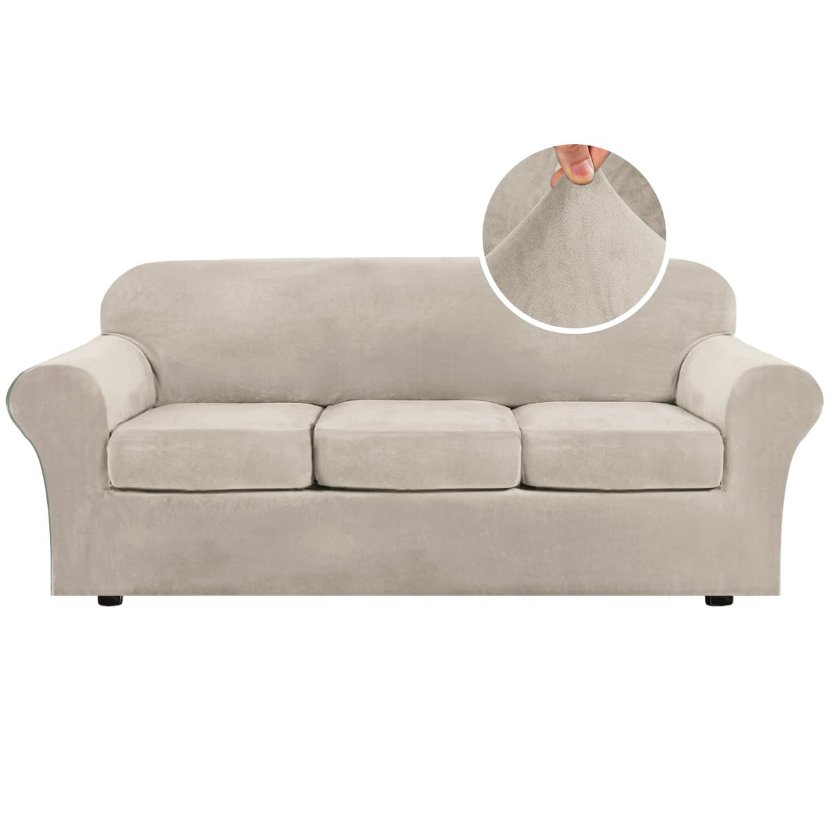 H.VERSAILTEX Modern Velvet Plush 4 Piece High Stretch Sofa Slipcover Furniture Protector Form Fit Luxury Thick Sofa Cover for 3 Cushion Couch, Machine Washable Width Up to 90 Inch(Sofa,Ivory)