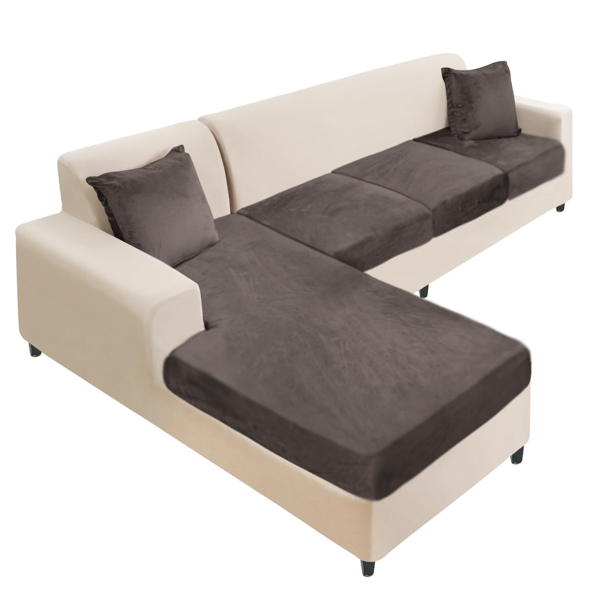 NAISI Sectional Couch Cover 4 Pieces Velvet Separate Couch Cushion Covers L Shape Soft Stretch Sofa Slipcovers with 2pcs Pillowcases for Left/Right Chaise Sectional Couch(3 Seater+1 Chaise,Dark Grey)