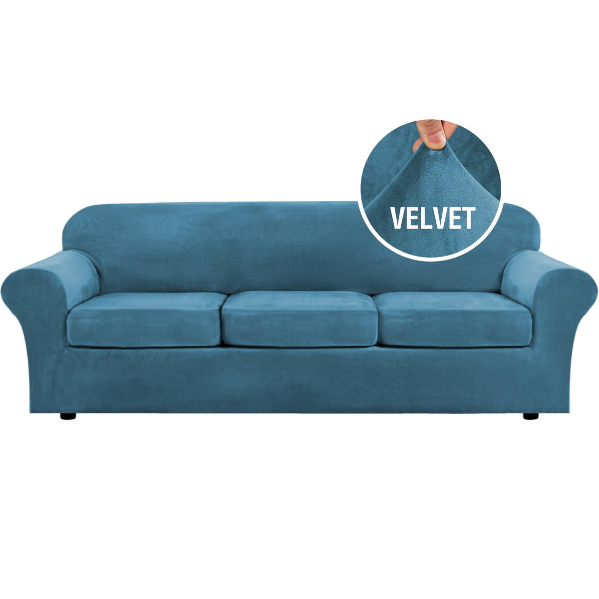 H.VERSAILTEX 4 Pieces Thick Velvet Sofa Covers Couch Covers for 3 Cushion Couch Sofa High Stretch Slipcovers Furniture Protector Form Fit Luxury Couch Cover for Dogs Width Up to 90 Inch(Sofa,Grey)