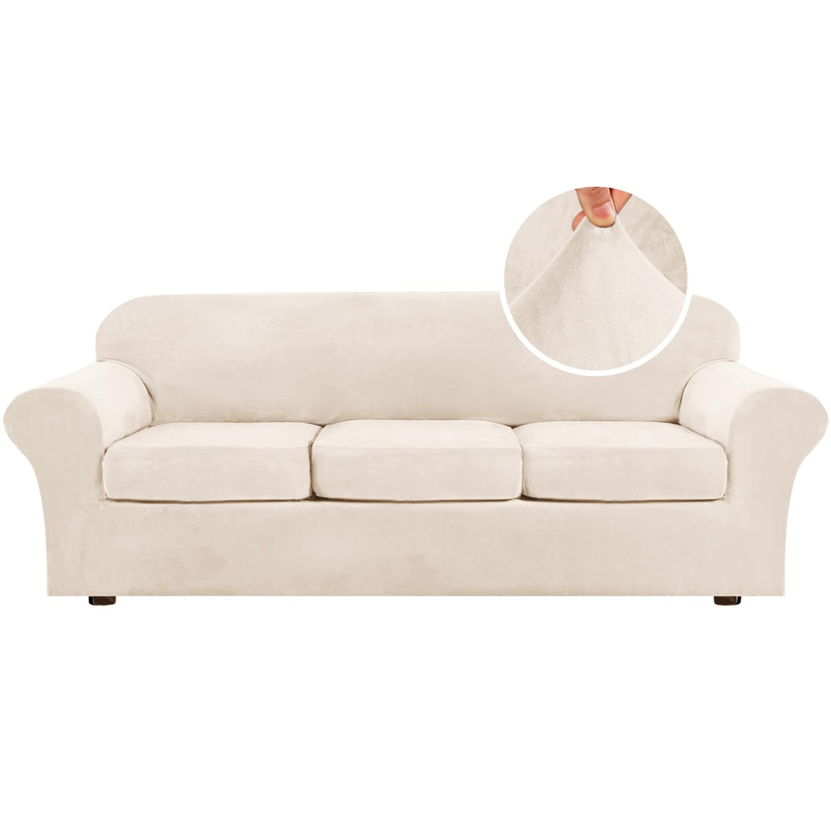 H.VERSAILTEX Modern Velvet Plush 4 Piece High Stretch Sofa Slipcover Furniture Protector Form Fit Luxury Thick Sofa Cover for 3 Cushion Couch, Machine Washable Width Up to 90 Inch(Sofa,Ivory)