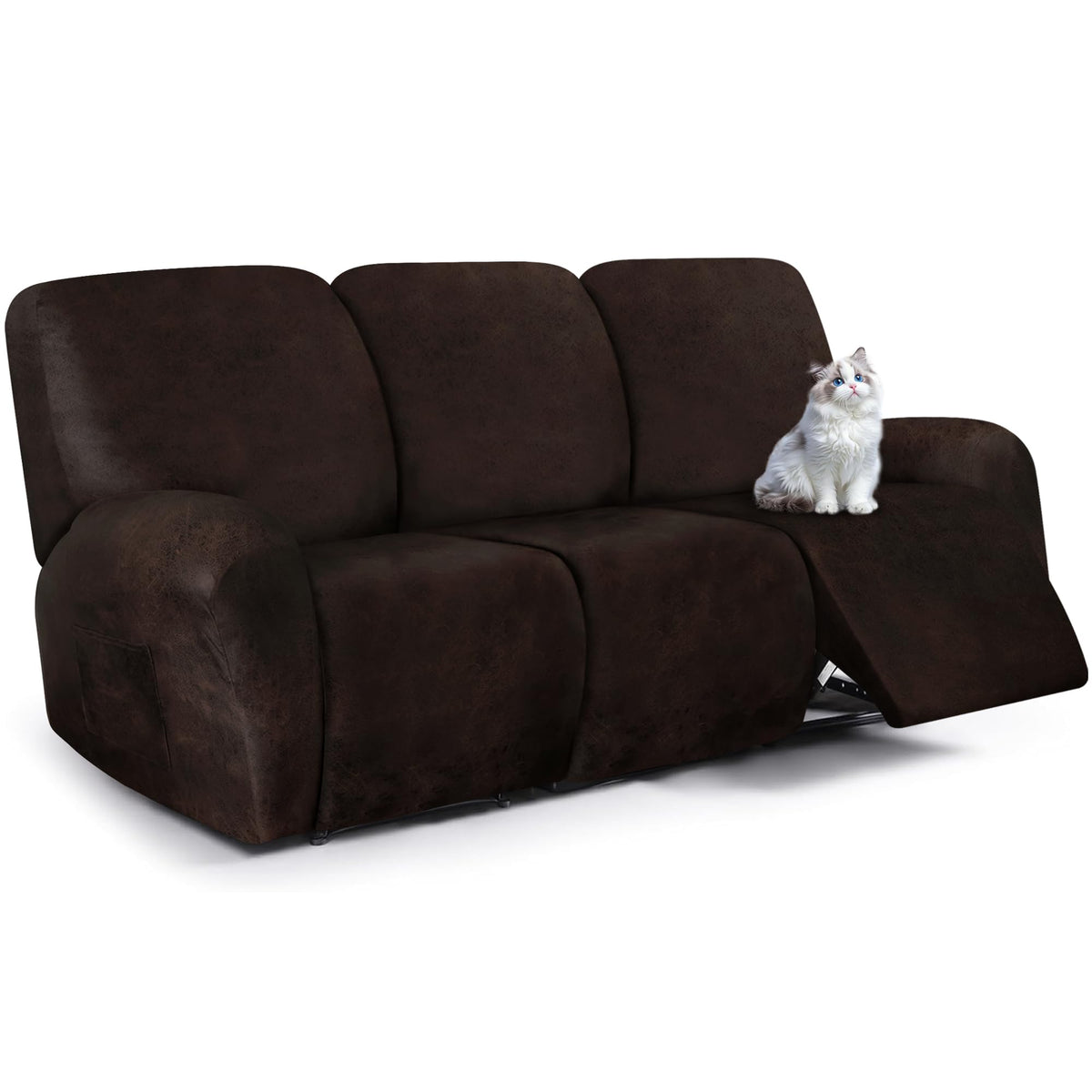 ANARACHON Leather Look Recliner Couch Cover, 8-Pieces Stretch Recliner Sofa Covers, Soft Reclining Slipcover, Washable Furniture Protector for Pets (3 Seater, Brown)