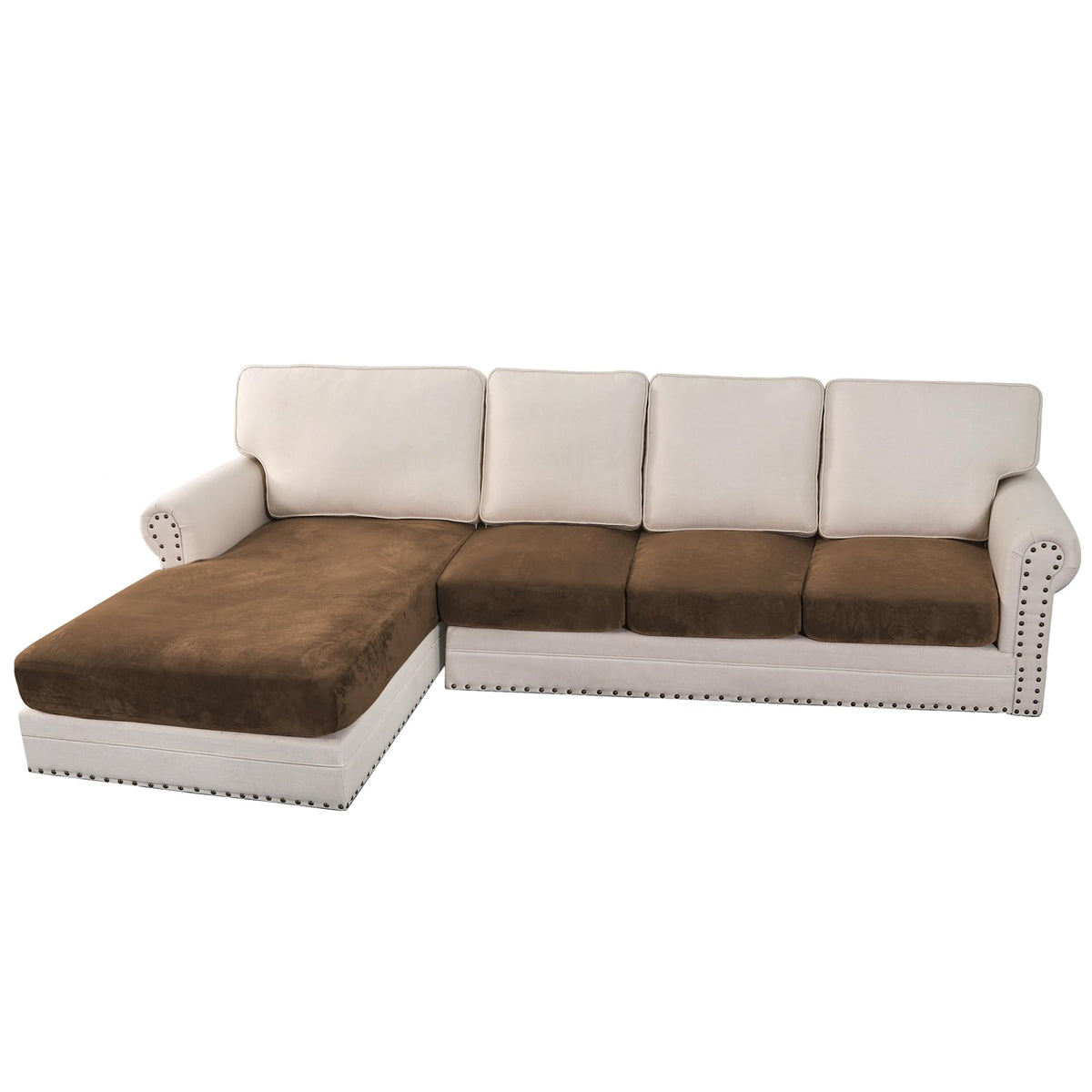 H.VERSAILTEX Velvet Stretch Couch Cushion Cover Plush Cushion Slipcover for Chair Loveseat Sofa Cushion Furniture Protector Seat Cushion Sofa Cover (2 Piece Large Sofa Cushion Covers, Ivory)