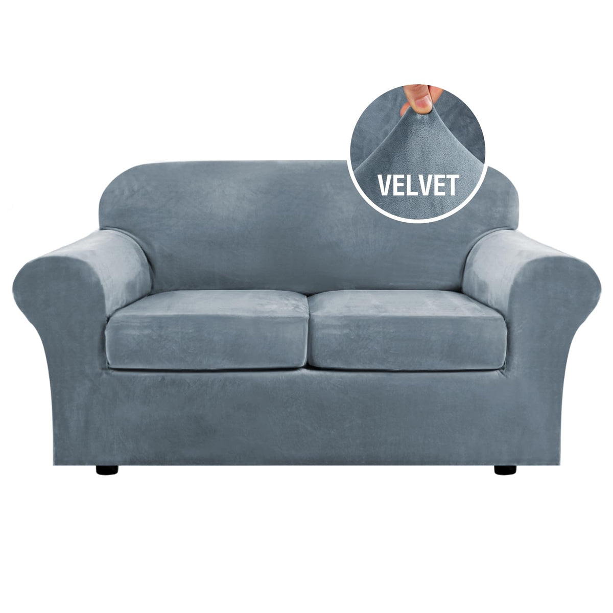 H.VERSAILTEX 4 Pieces Thick Velvet Sofa Covers Couch Covers for 3 Cushion Couch Sofa High Stretch Slipcovers Furniture Protector Form Fit Luxury Couch Cover for Dogs Width Up to 90 Inch(Sofa,Grey)
