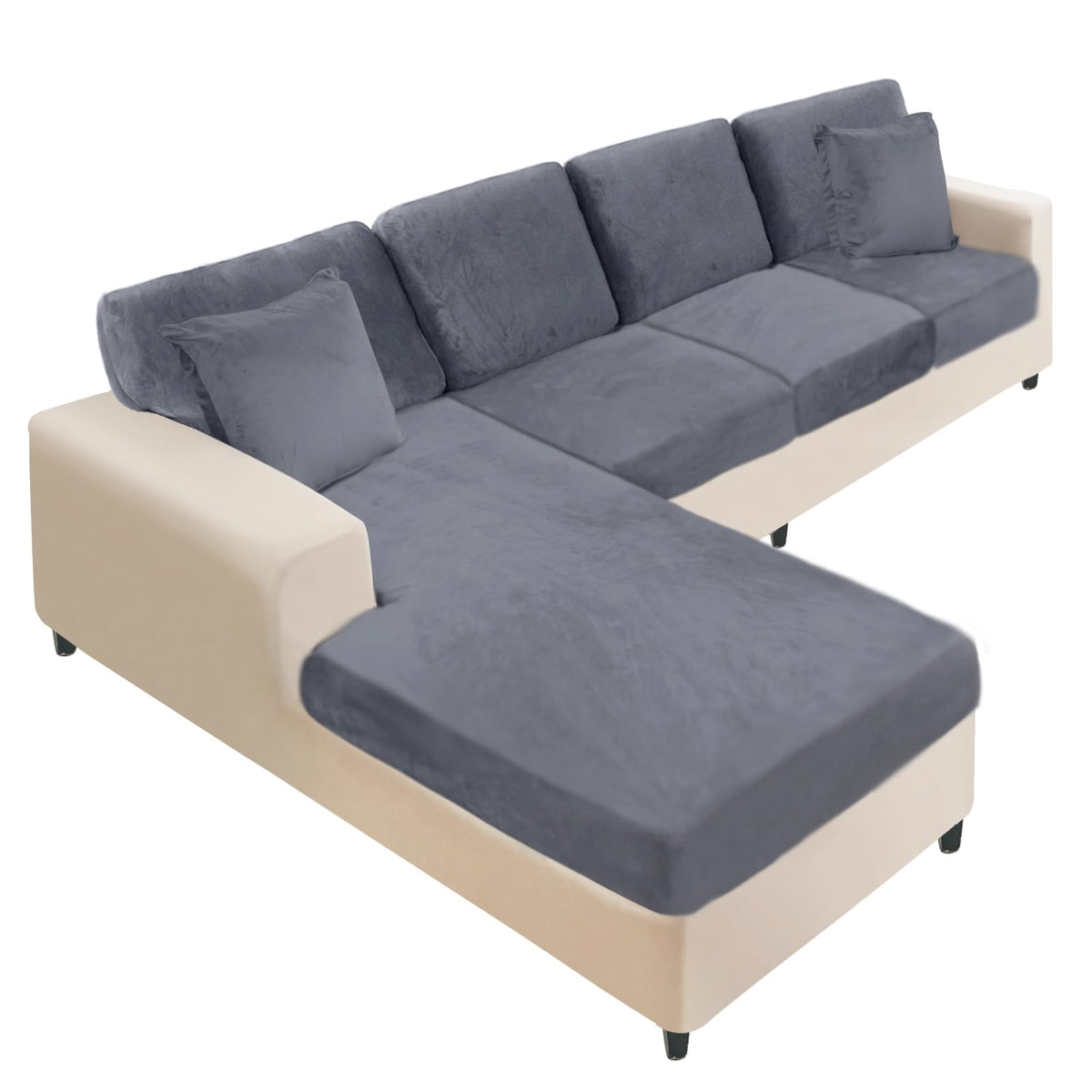 NAISI Sectional Couch Cover 4 Pieces Velvet Separate Couch Cushion Covers L Shape Soft Stretch Sofa Slipcovers with 2pcs Pillowcases for Left/Right Chaise Sectional Couch(3 Seater+1 Chaise,Dark Grey)