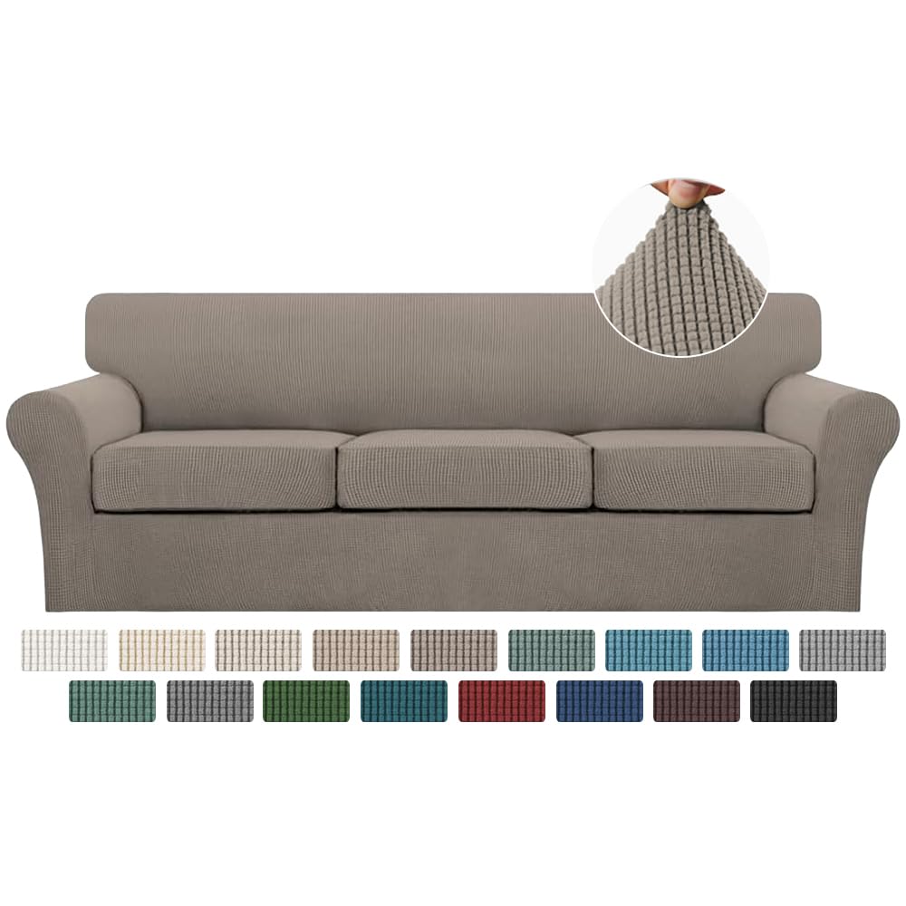 Turquoize 4 Piece Couch Cover Sofa Covers for 3 Cushion Couch Sofa Slipcovers Washable Sofa Cover for Dogs with Individual Couch Cushion Covers Feature Jacquard Fabric(3 Cushion Sofa, Biscotti Beige)