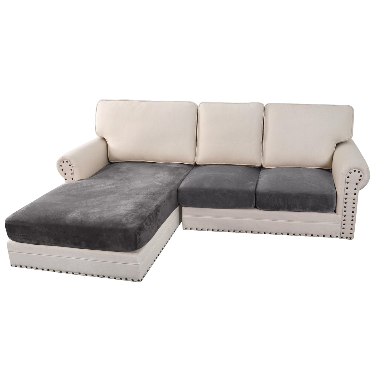 H.VERSAILTEX Velvet Stretch Couch Cushion Cover Plush Cushion Slipcover for Chair Loveseat Sofa Cushion Furniture Protector Seat Cushion Sofa Cover (2 Piece Large Sofa Cushion Covers, Ivory)