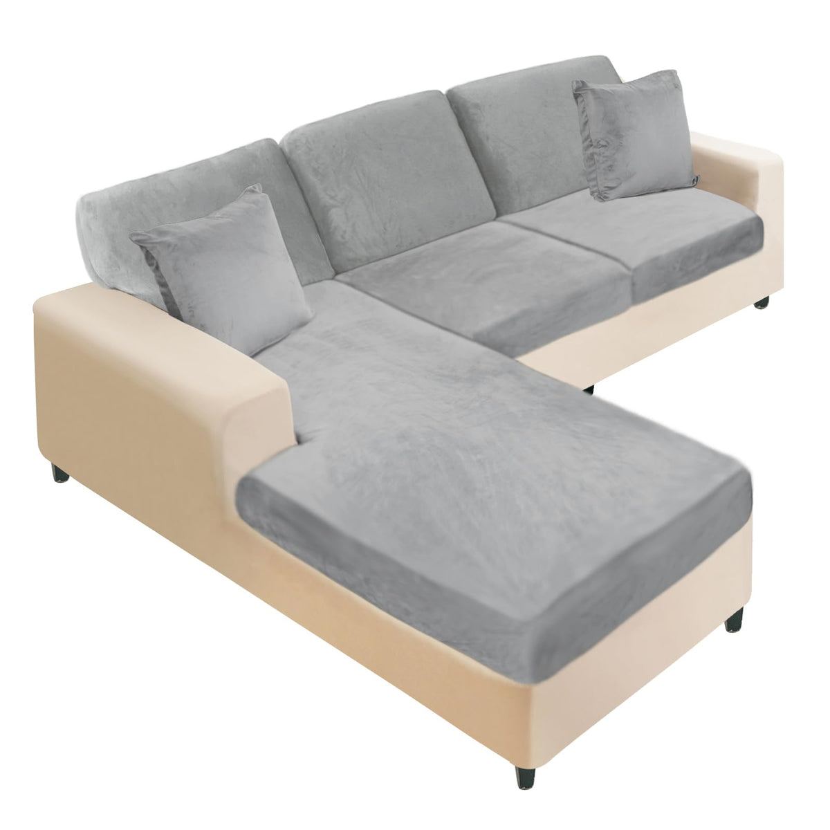 NAISI Sectional Couch Cover 4 Pieces Velvet Separate Couch Cushion Covers L Shape Soft Stretch Sofa Slipcovers with 2pcs Pillowcases for Left/Right Chaise Sectional Couch(3 Seater+1 Chaise,Dark Grey)