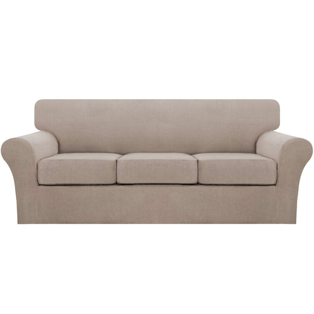 Turquoize 4 Piece Couch Cover Sofa Covers for 3 Cushion Couch Sofa Slipcovers Washable Sofa Cover for Dogs with Individual Couch Cushion Covers Feature Jacquard Fabric(3 Cushion Sofa, Biscotti Beige)