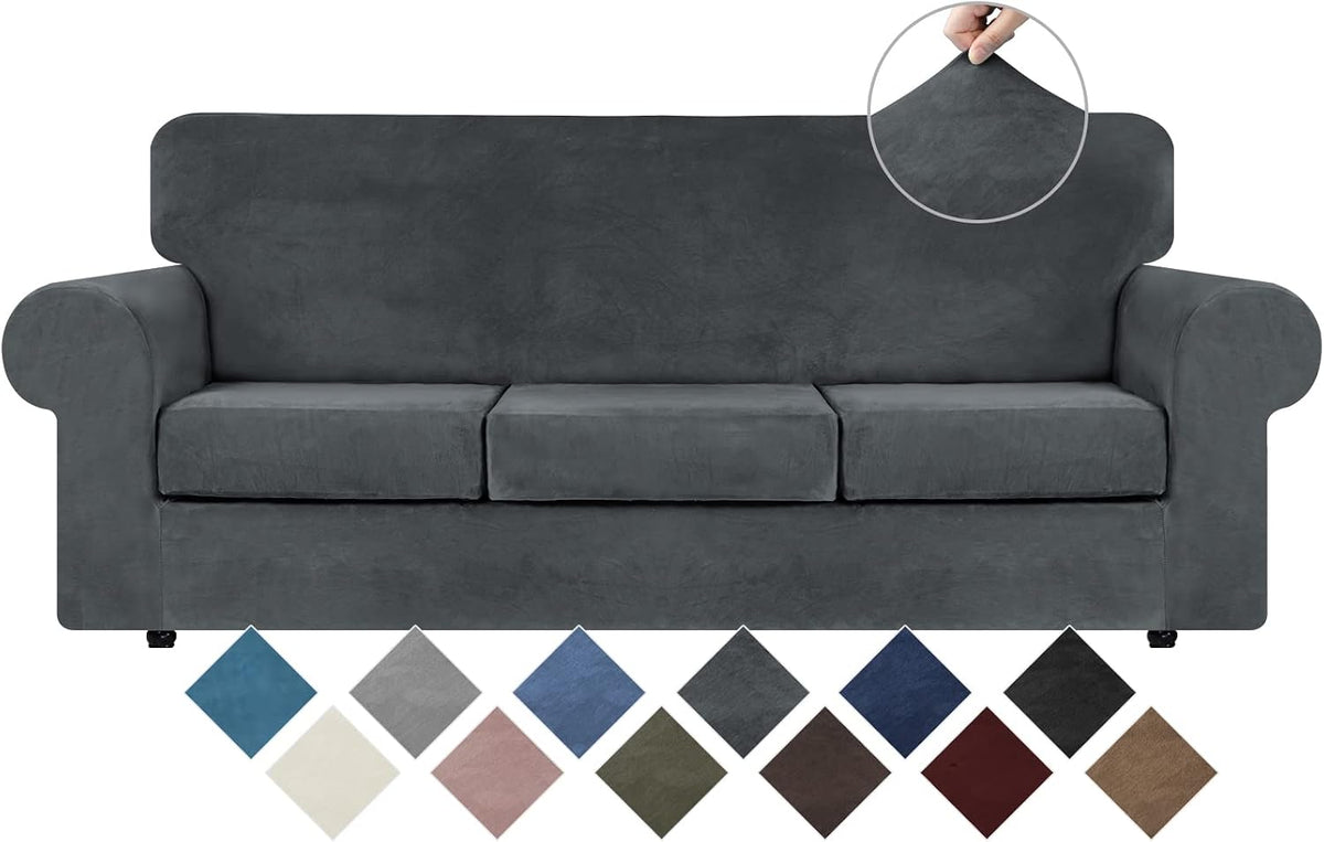 WEERRW 4 Pieces Couch Cover for Sofa Velvet Sofa Covers Washable, Dark Grey