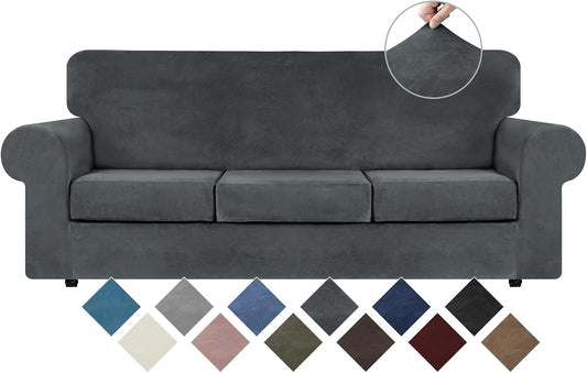 WEERRW 4 Pieces Couch Cover for Sofa Velvet Sofa Covers Washable, Dark Grey