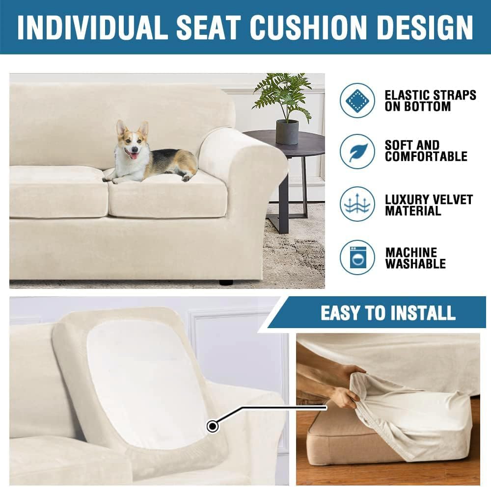 H.VERSAILTEX Modern Velvet Plush 4 Piece High Stretch Sofa Slipcover Furniture Protector Form Fit Luxury Thick Sofa Cover for 3 Cushion Couch, Machine Washable Width Up to 90 Inch(Sofa,Ivory)