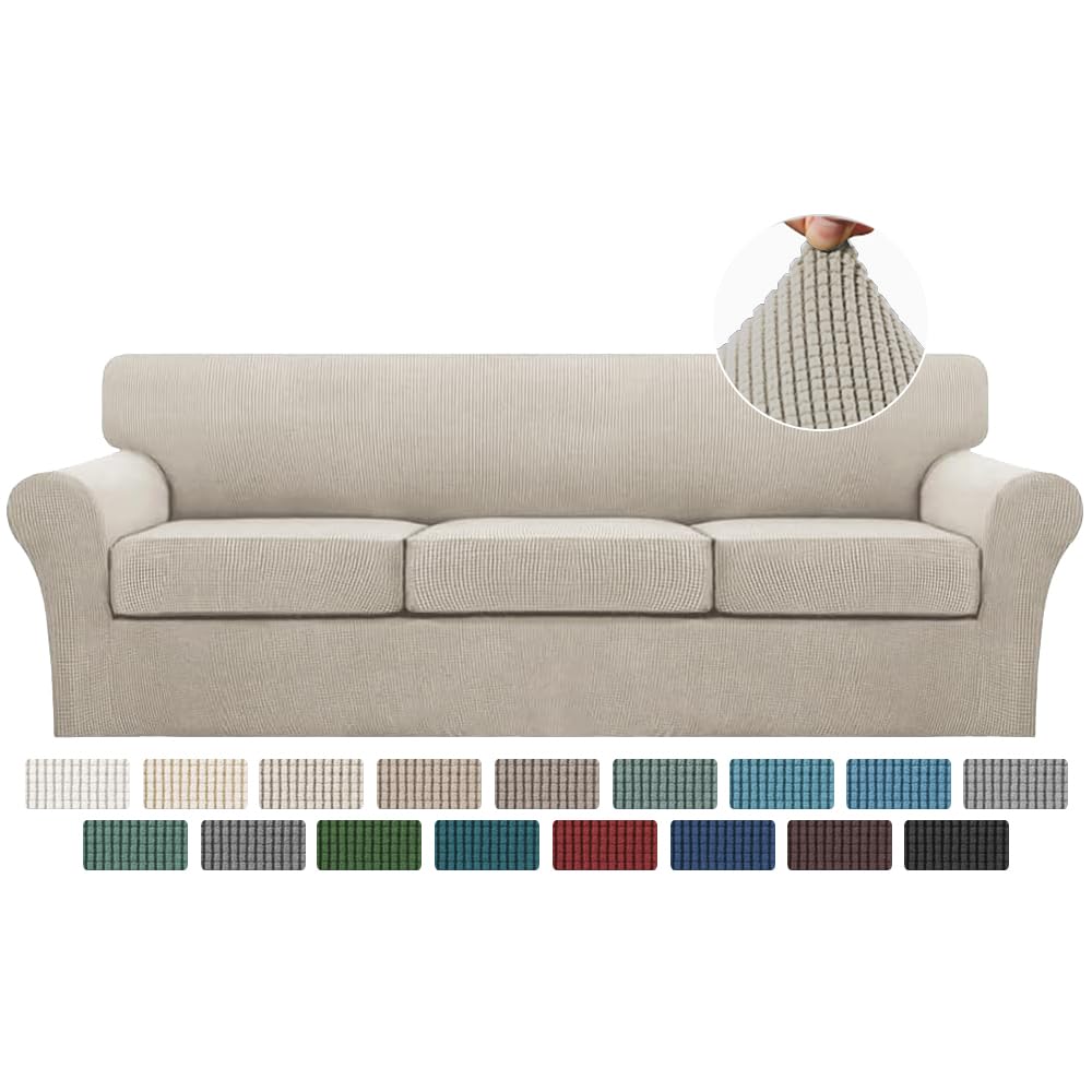 Turquoize 4 Piece Couch Cover Sofa Covers for 3 Cushion Couch Sofa Slipcovers Washable Sofa Cover for Dogs with Individual Couch Cushion Covers Feature Jacquard Fabric(3 Cushion Sofa, Biscotti Beige)