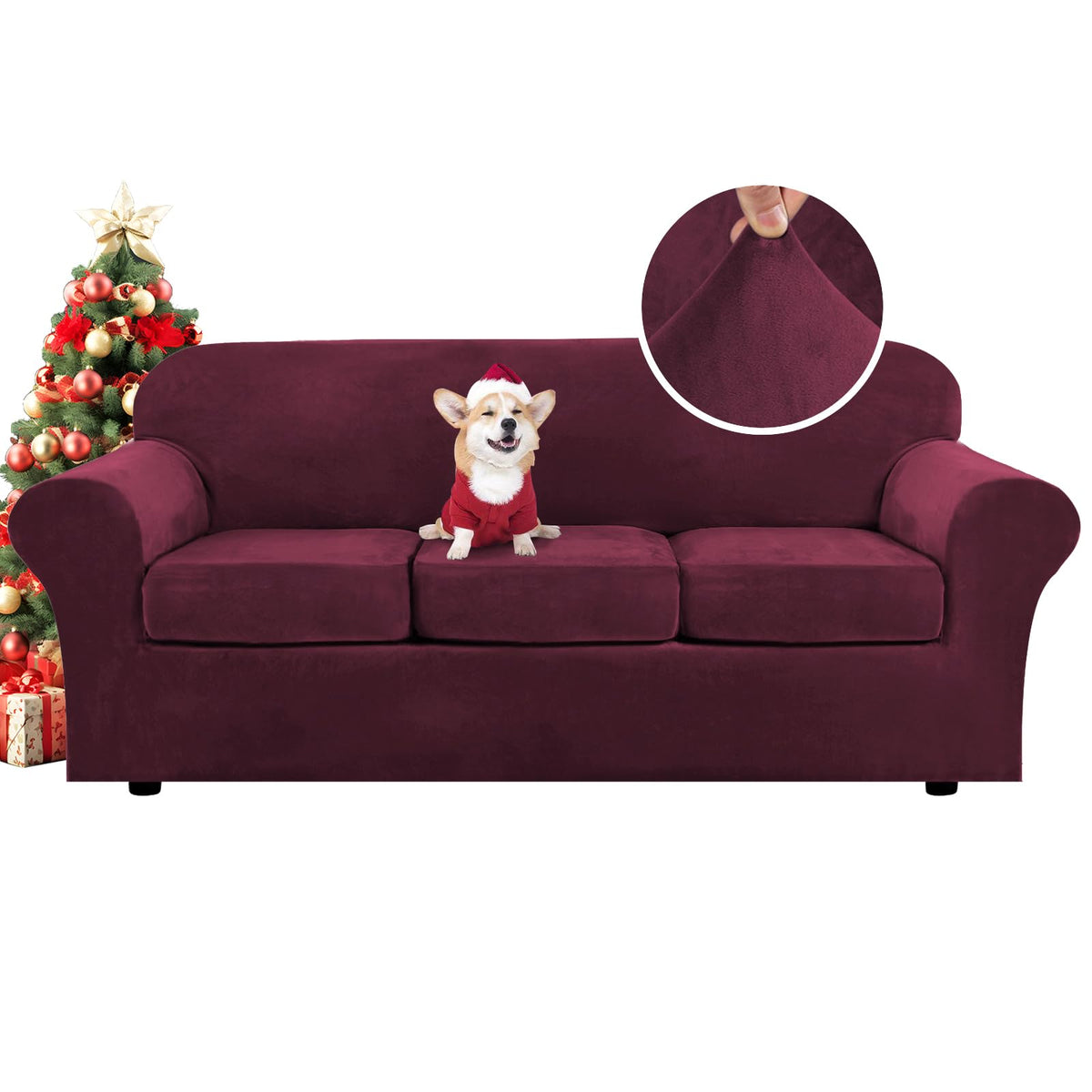 H.VERSAILTEX 4 Pieces Thick Velvet Sofa Covers Couch Covers for 3 Cushion Couch Sofa High Stretch Slipcovers Furniture Protector Form Fit Luxury Couch Cover for Dogs Width Up to 90 Inch(Sofa,Grey)